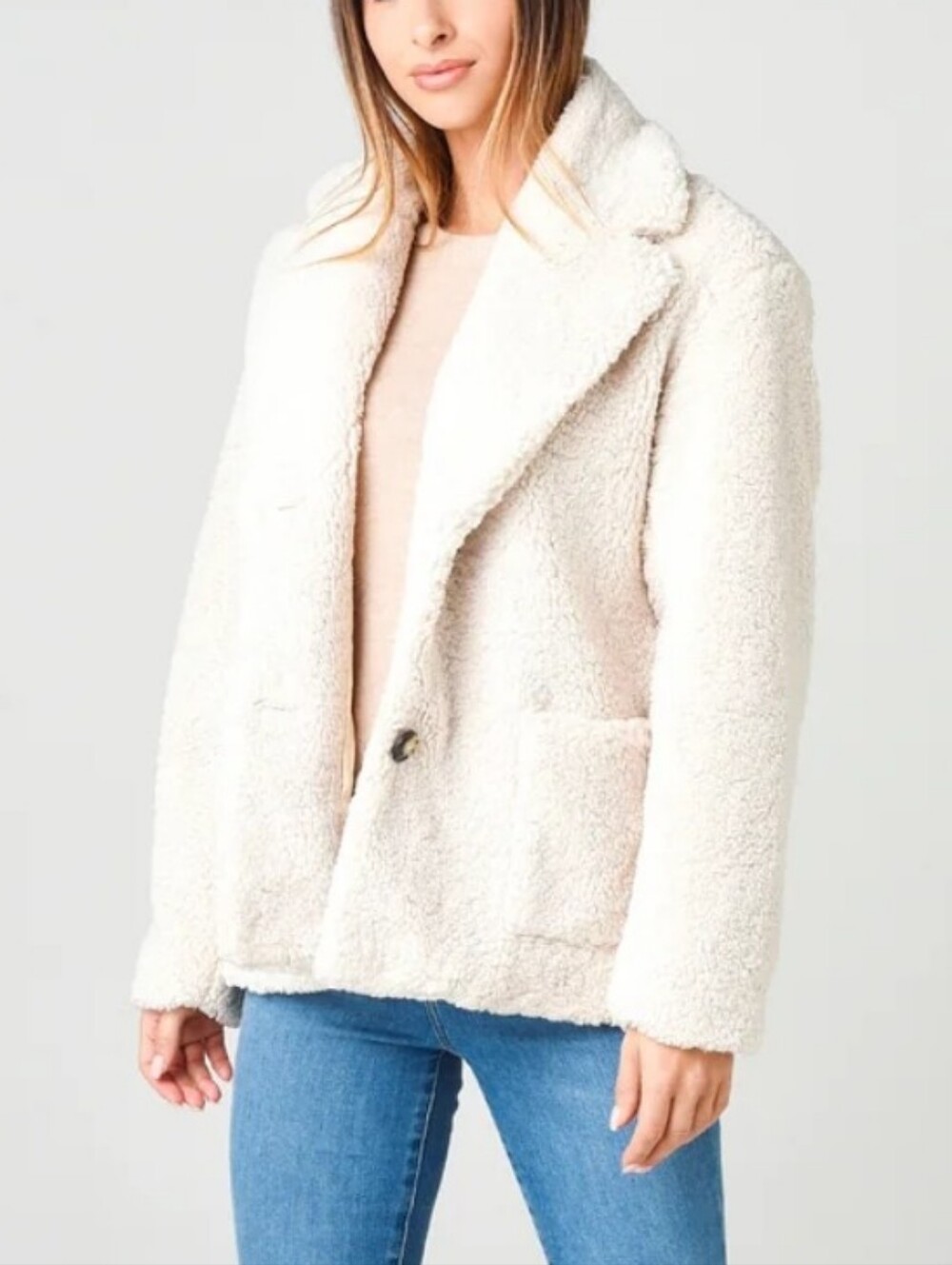 ATM Anthony Thomas Melillo Sherpa Fleece Teddy Coat Cream 2 Button Front